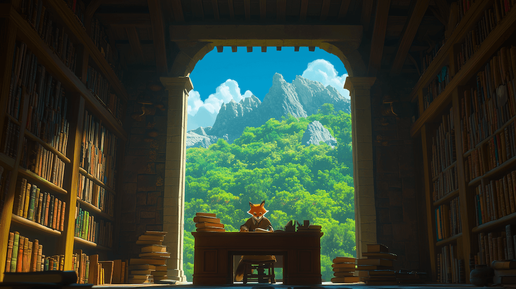 A fox at a desk